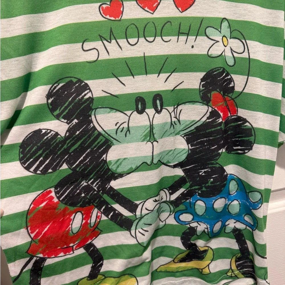 Disney Parks Green & White Striped Mickey and Minnie Graphic Vintage Tee Size XL - Picture 2 of 11